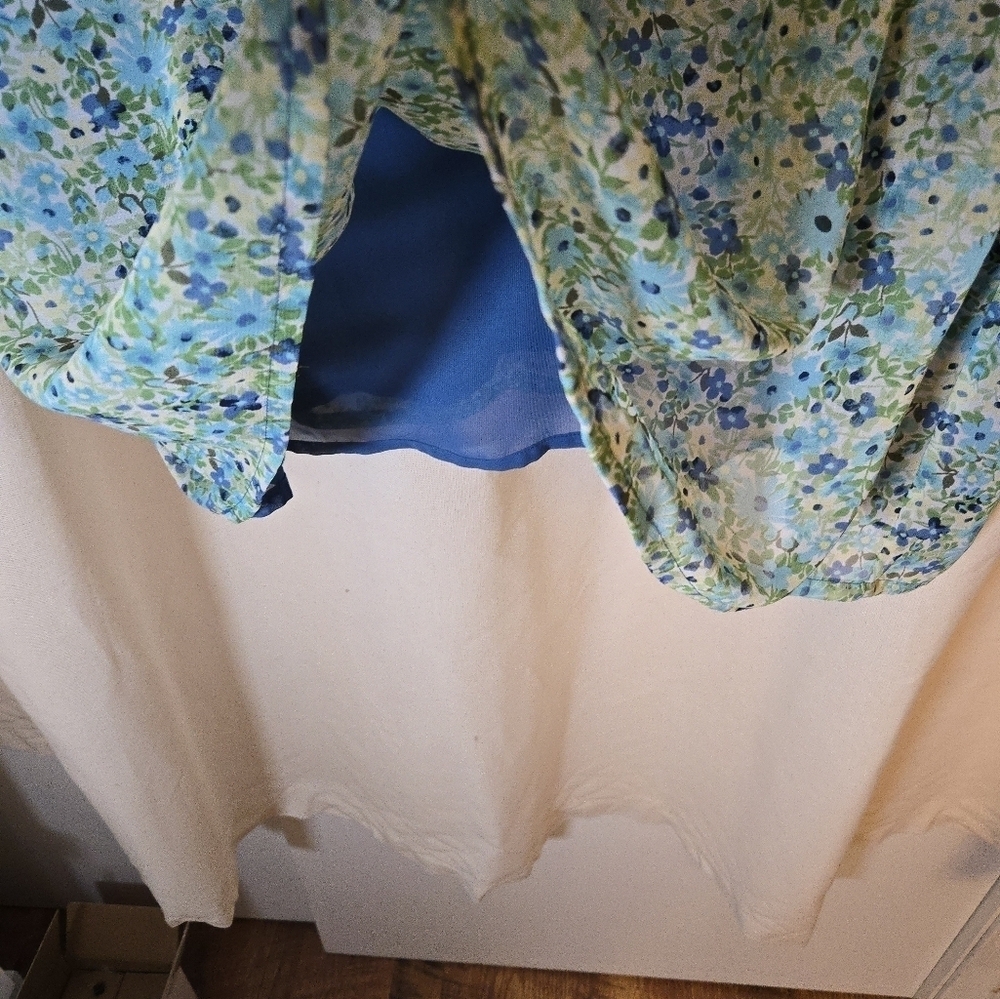 Christopher & Banks Blue and Green Lined Sheer Floral Top - Picture 2 of 4